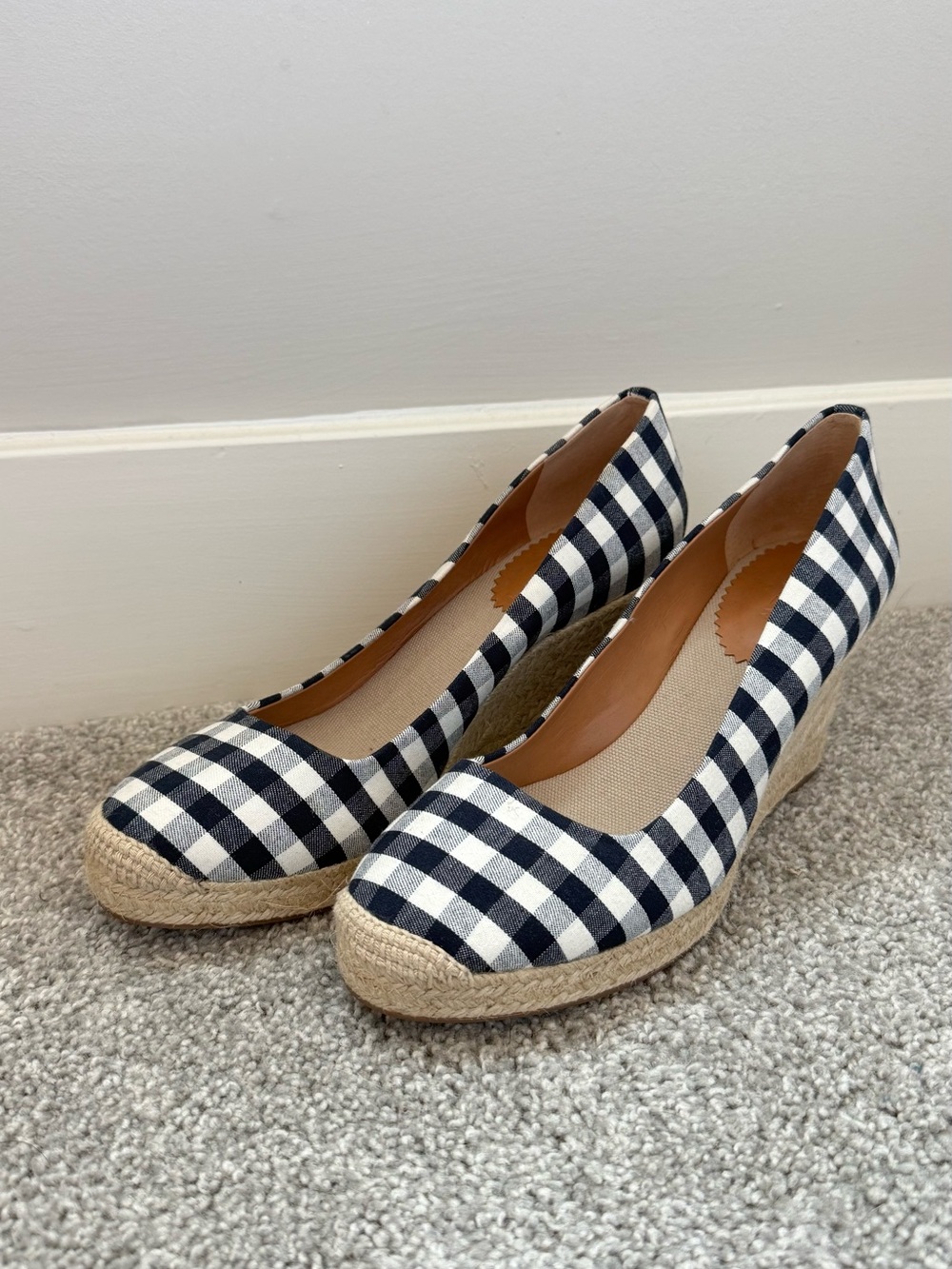 NWOT J Crew Gingham Espadrille Wedge Pumps - Navy & White